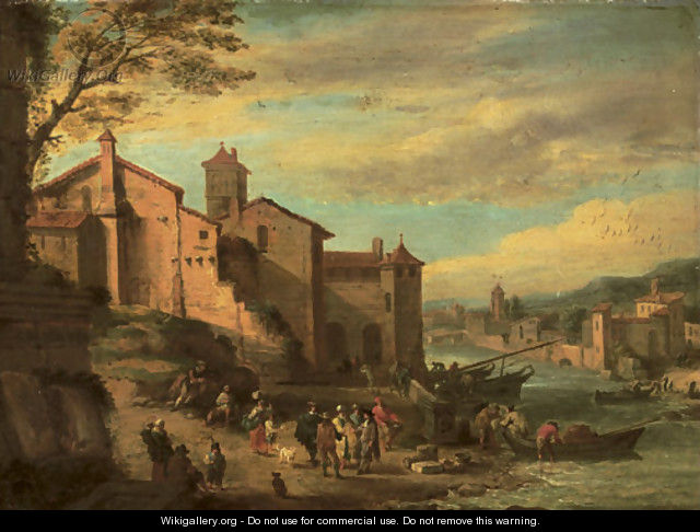 The Port of the Ripa Grande, Rome with merchants conversing - Pieter Bout