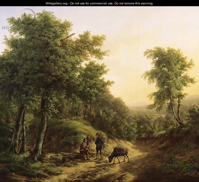 Travellers resting on a sandy track in a mountainous landscape - Pieter Bartholomeusz. Barbiers IV