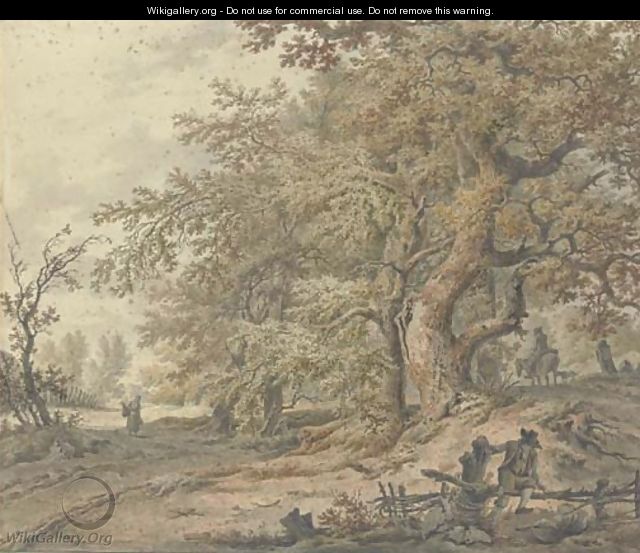 A forest with a traveller on a horse, a woman carrying a basket - Pieter Barbiers
