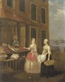 A lady and her maid at a fishmonger the river Thames with the Monument and the City of London visible beyond - Pieter Angellis
