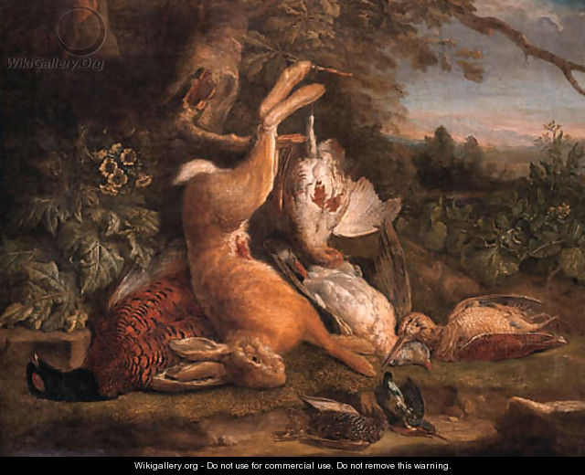 A dead hare hanging from a tree with a dead pheasant, a snipe, a dove, a patridge and dead songbirds on a mossy bank in a landscape - Pieter Andreas Rysbrack