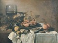A crab on a pewter plate, a roemer, a partly-peeled lemon on a pewter platter, a bowl of olives, a bread roll and a knife on a pewter plate with grape - Pieter Claesz.