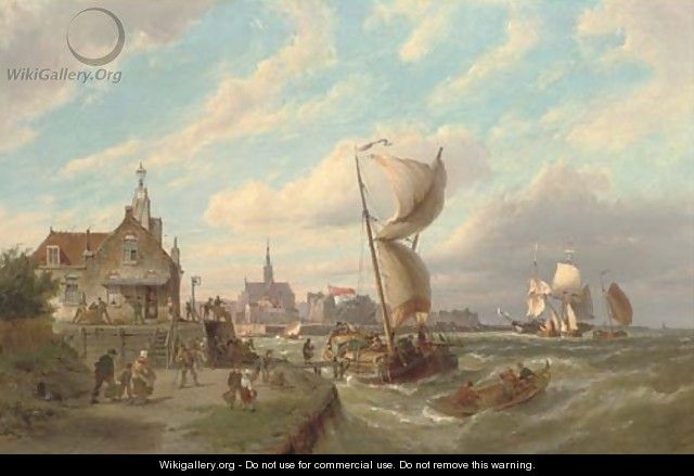 The barge at the Goeser veerhuis with Goes in the distance - Pieter Christiaan Cornelis Dommersen
