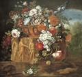 Roses, peonies, daisies and other flowers in a sculpted vase - Pieter Casteels III