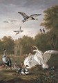 A park with swans, ducks and other birds by a pond - Pieter Casteels III