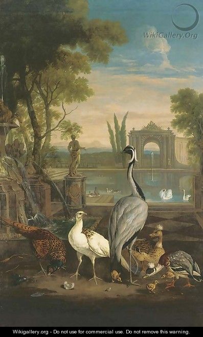 A Demoiselle crane, a pheasant, a duck and other birds in an Italianate garden with a lake - Pieter Casteels