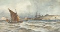 A trading brig and other shipping in the Channel off Dover - Thomas Bush Hardy