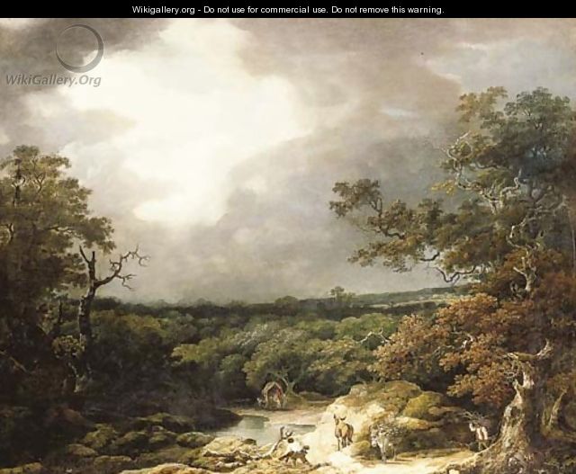 A stormy wooded landscape with faggot gatherers by a river - Thomas Barker of Bath