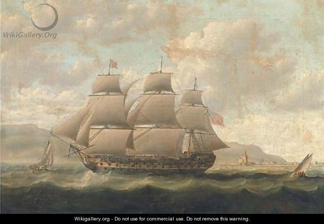 A Royal Naval three-decker running past a Spanish fortress during the Napoleonic blockade - Thomas Buttersworth