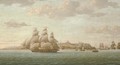 Captain Lord Cochrane's frigate Pallas leaving the Tagus under full sail, the city of Lisbon beyond and the Belem Tower receding astern - Thomas Buttersworth
