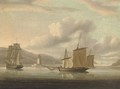 A Royal Naval frigate towing a lugger past the Belem Tower with the fleet standing out to sea - Thomas Buttersworth