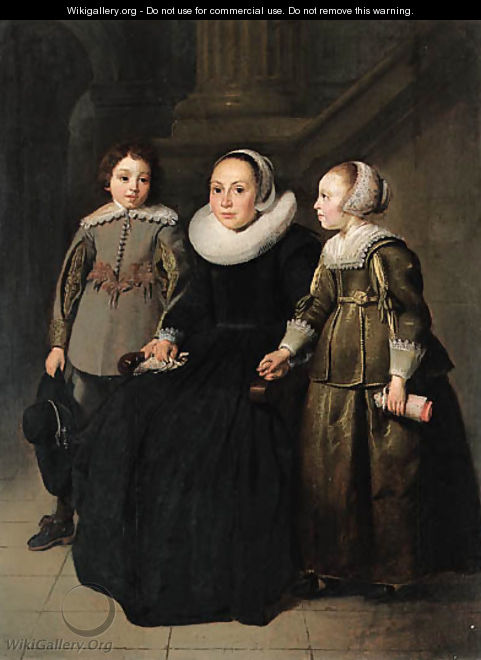 Portrait of a lady with her son in a grey doublet with slashed - Thomas De Keyser