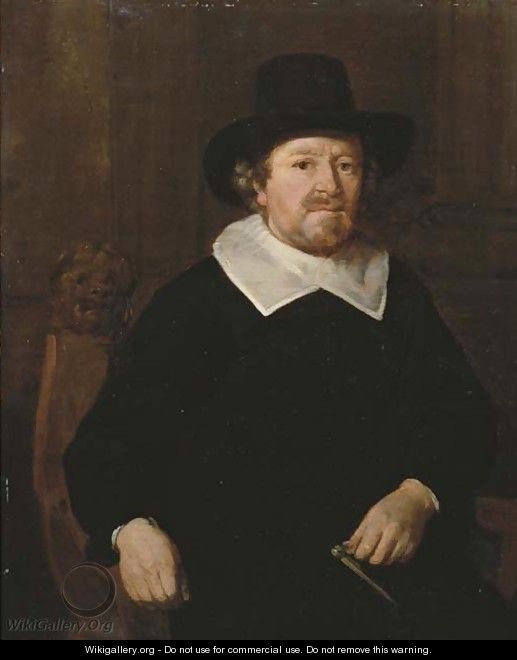 Portrait of a gentleman, three-quarter-length, in a black costume with white collar and black hat - Thomas De Keyser