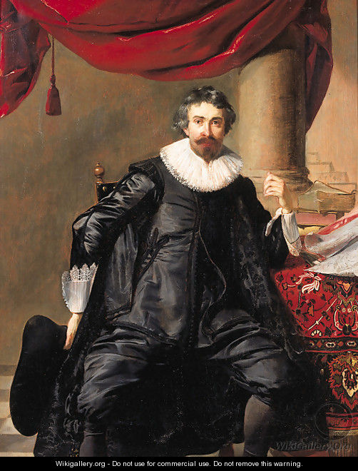 Portrait of a gentleman, in his forties, seated small full length by a table before a draped column - Thomas De Keyser