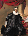 Portrait of a gentleman, in his forties, seated small full length by a table before a draped column - Thomas De Keyser