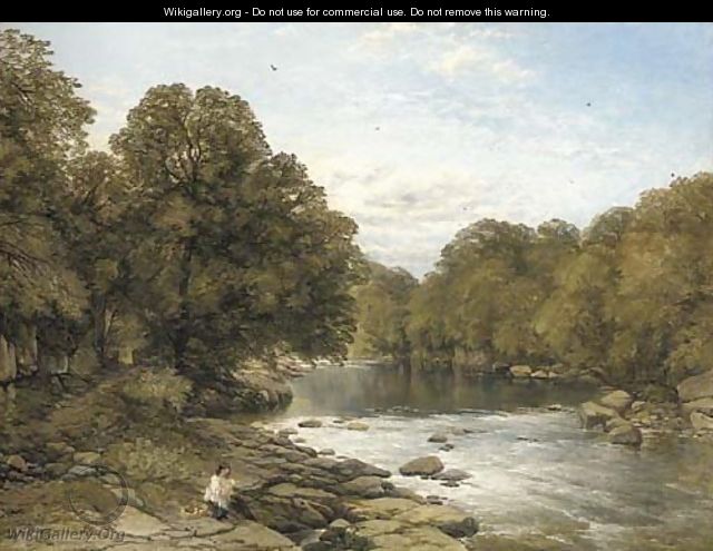 A wooded river landscape with a mother and child seated on the bank - Thomas Creswick