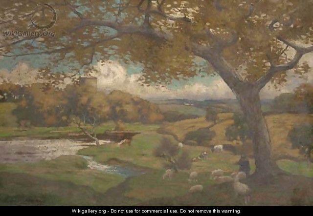 Cattle and sheep grazing in an autumnal landscape - Thomas Corson Morton