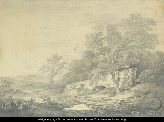 An extensive landscape with a traveller resting below a stone bridge, a ruined castle on a hill beyond - Thomas Gainsborough