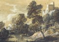 A wooded river landscape with figures in a boat and buildings - Thomas Gainsborough