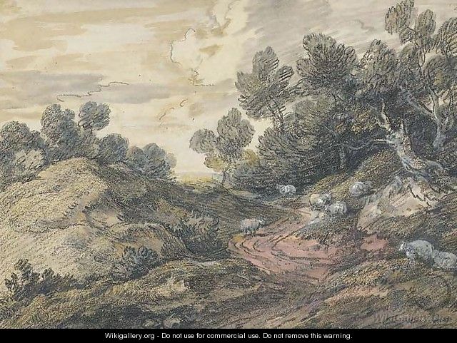 A wooded landscape with sheep grazing by a winding track - Thomas Gainsborough