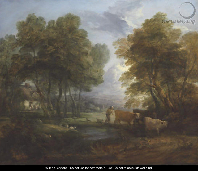 A wooded landscape with a herdsman, cows and sheep near a pool - Thomas Gainsborough