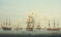 A panorama of Portsmouth harbour, with a flagship of the Red Squadron making sail as she departs - Thomas Elliott