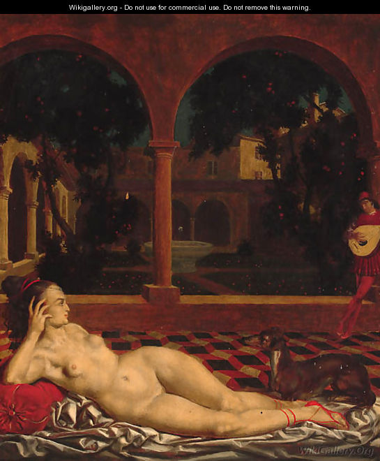 A reclining female nude in a cloister - Theodor Baierl