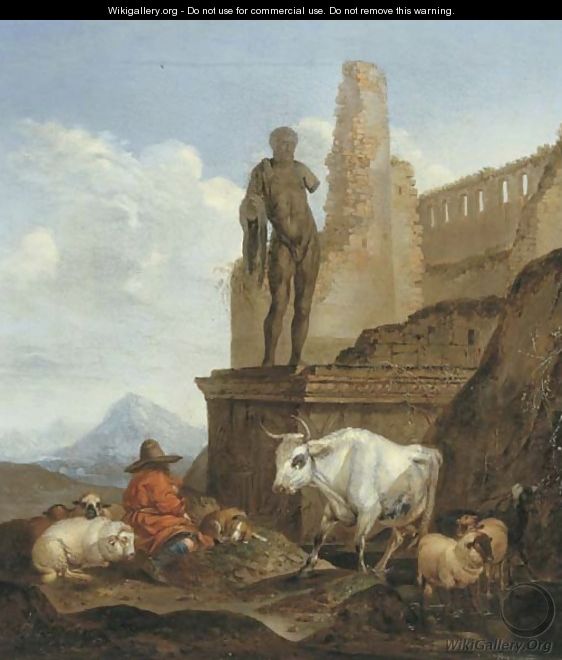 An Italianate landscape with a shepherd resting with cattle near a ruin - Theodor Roos
