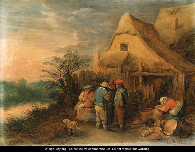 Peasants drinking and smoking outside farms - Theobald Michau