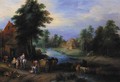 A village by a river with peasants unloading a cart - Theobald Michau