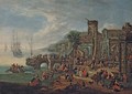 A capriccio of a port with elegant figures - Theobald Michau