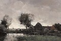 A polder landscape with a farm at dusk - Theophile Emile Achille De Bock