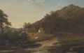 Figures by a river with cottages beyond - Thomas Baker Of Leamington