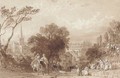 A busy Darlington road with St. Cuthbert's Church in the distance - Thomas Allom