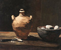 Still life with ceramic jug, eggs and knife - Theodule Augustine Ribot