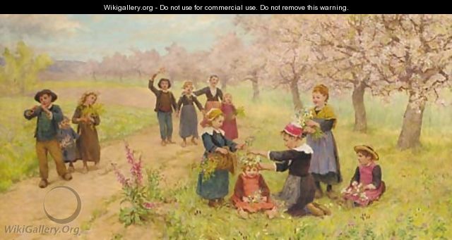 Children gathering spring flowers - Theophile Louis Deyrolle
