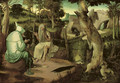 Saint Anthony the Great with Saint Paul the Hermit, in a wooded landscape - (after) Jan Wellens De Cock