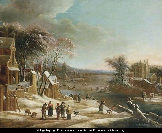 A winter landscape with villagers conversing on a path - Theodore van Heil