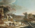 A winter landscape with villagers conversing on a path - Theodore van Heil
