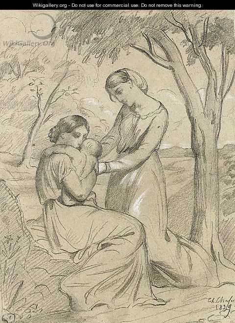 Two women, one sitting and holding a child, the other standing under a tree - Theodore Chasseriau