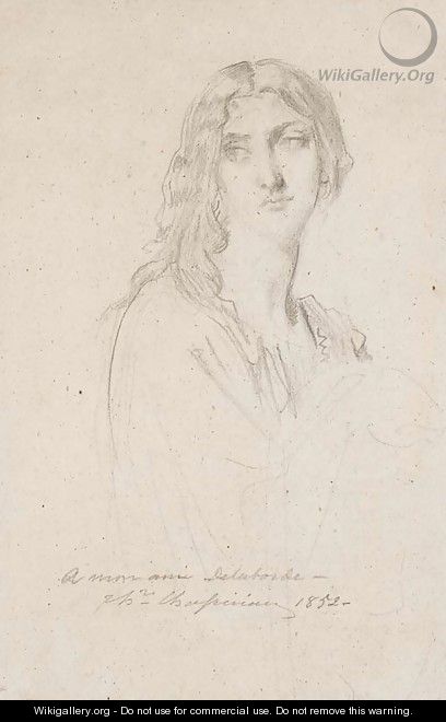 Femme nue en buste, de trois-quart a droite, la tete de face, les cheveux denoues - Theodore Chasseriau