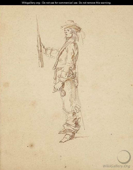 A soldier in profile to the left presenting arms - Stefano della Bella