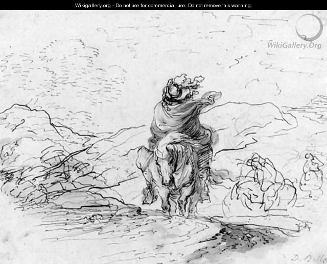 A horseman wrapped in a cloak fighting against the wind in an extensive landscape - Stefano della Bella