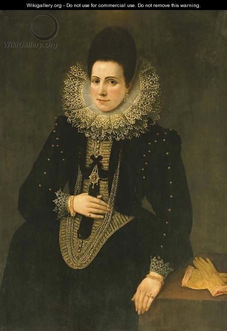 Portrait of a lady, three-quarter length, in a black dress with an elaborate lace collar - Spanish School