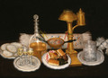 A decanter, wine glasses, a plate of sweetmeats - Spanish School