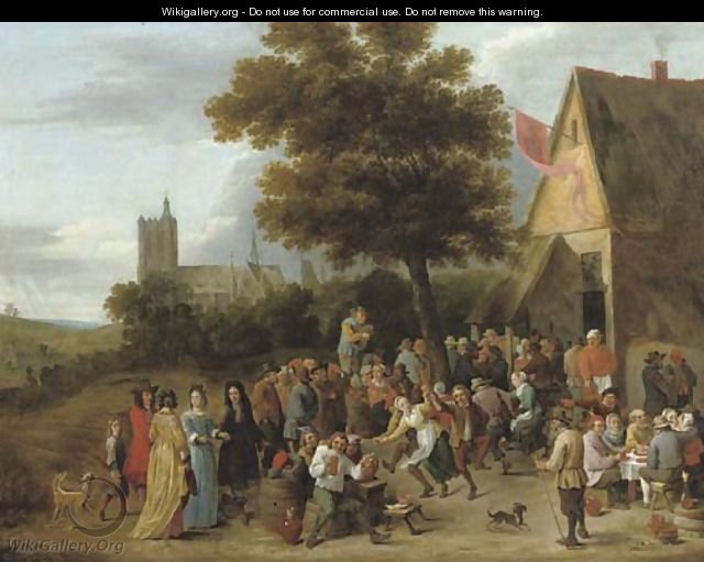 A peasant feast before an inn, the church of Sainte-Gudule, Brussels beyond - (after) David The Younger Teniers