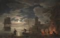 A moonlit harbor scene with a fisherman and figures seated around a fire, shipping beyond - (after) Claude-Joseph Vernet