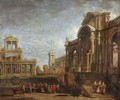 An architectural capriccio with elegant figures promenading and playing music - (after) Antonio Visentini