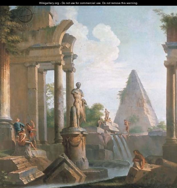 A capriccio of classical ruins with the Pyramid of Cestius - (after) Giovanni Paolo Panini