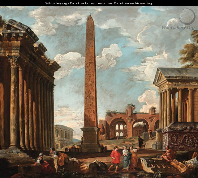 A capriccio of classical ruins with figures by the sarcophagus of Constantine, an obelisk - (after) Giovanni Paolo Panini